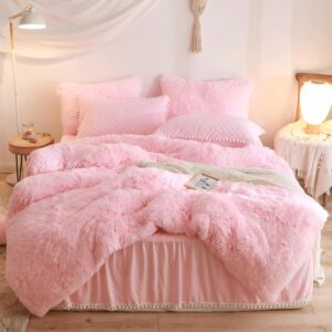 Fluffy Pink Comforter Cover Queen Set，Faux Fur Pink Bedding Sets Queen 3 Pieces(1 Plush Duvet Cover +2 Shaggy Pillowcases) Fuzzy Pink Bed Set, (Pink, Queen)