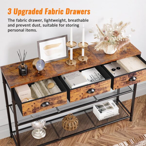 Furologee Entryway Table, 38'' Console Sofa Table with 3 Fabric Drawers, Industrial Entry Way Table with Storage Shelves, Display Shelf for Living Room, Hallway, Entrance, Foyer, Rustic Brown - Image 4