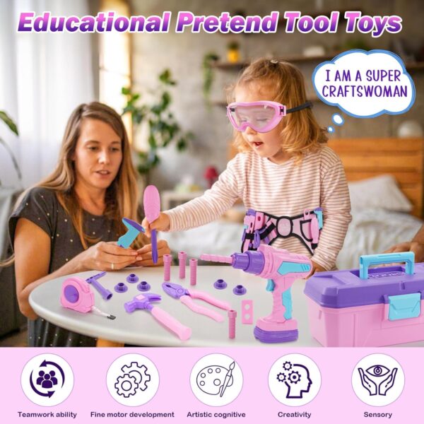 Kids Tool Set, 67 PCS Toddler Tool Box with Electronic Toy Drill & Realistic Kids Tape Measure, Pretend Play Construction Toy Kit with Tool Belt & Hammer, Toddler Tool Set for Girl Boy Ages 3+ (Pink) - Image 2