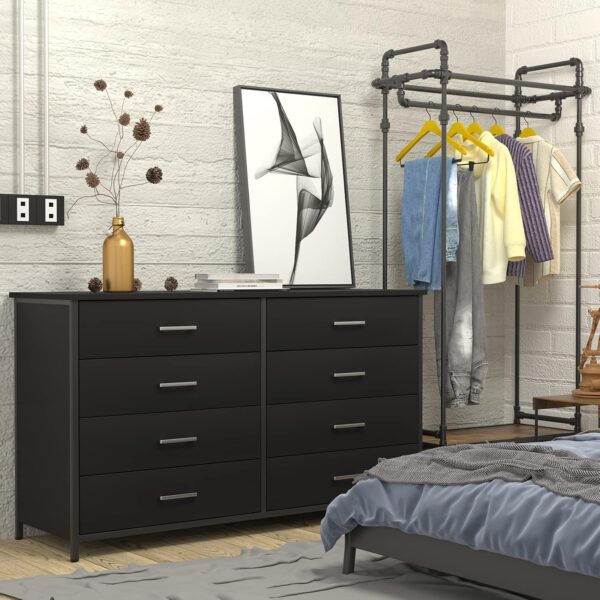 IKENO 8 Drawer Dresser for Bedroom, Industrial Wood Dresser Wide 8 Chest of Drawers, Wooden Storage Organizer Dresser with Sturdy Steel Frame (Black) - Image 4