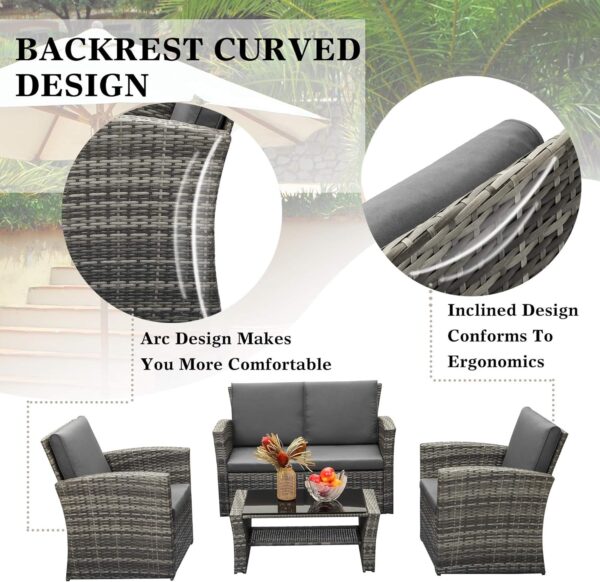 LayinSun 4 Piece Outdoor Patio Furniture Sets, Wicker Conversation Sets, Rattan Sofa Chair with Cushion for Backyard Lawn Garden (Grey) - Image 4