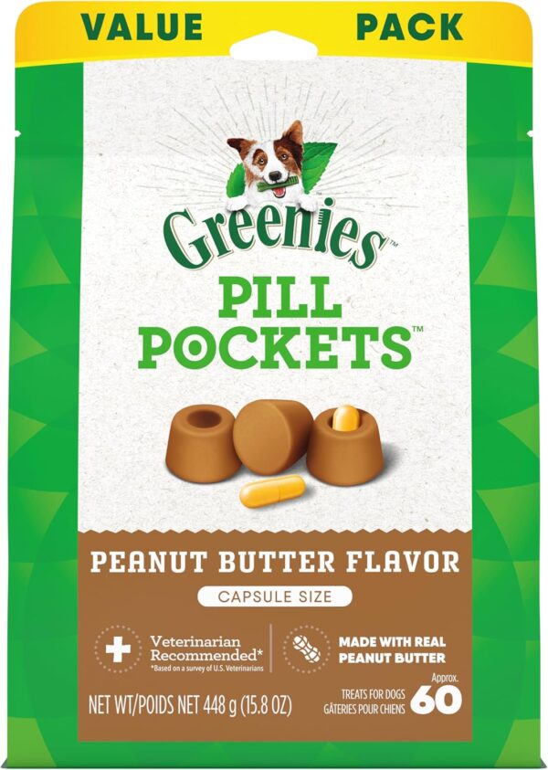 Greenies Pill Pockets for Dogs Capsule Size Natural Soft Dog Treats with Real Peanut Butter, 15.8 oz. Pack (60 Treats)