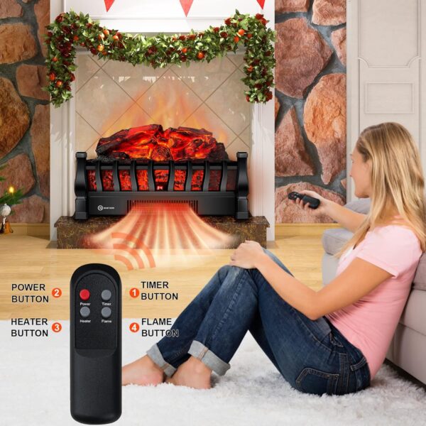 Electric Fireplace Logs Inserts Heater with Infrared Remote Controller 5 Flame Brightness 24 H Timer Overheating Protection for Home and Office Decor Black - Image 3
