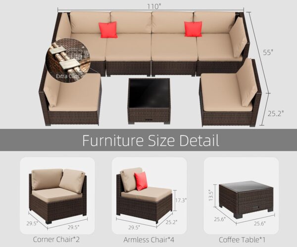 7 Piece Patio Furniture Set, Outdoor Furniture Patio Sectional Sofa, All Weather PE Rattan Outdoor Sectional with Beige Cushion and Glass Table, Clips. - Image 2