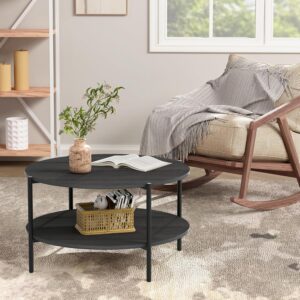 Round Coffee Table for Living Room, 31" Circle Coffee Table with Open Storage Shelf, 2-Tier Farmhouse Round Wood Center Table for Bedroom, Home Office(Wood Grey)