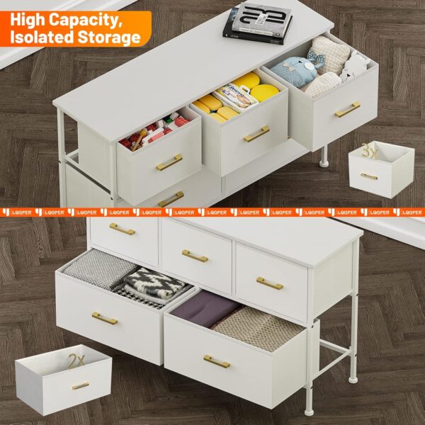 Dresser for Bedroom with 5 Drawers, White Dresser for Closet, Living Room, TV Stand, Nursery, Chest of Drawers with Sturdy Steel Frame, Leather Finish, Wood Top (Glacier White) - Image 5