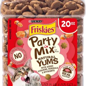 Purina Friskies Natural Cat Treats Party Mix Natural Yums With Real Salmon and Added Vitamins, Minerals and Nutrients - 20 oz. Canister