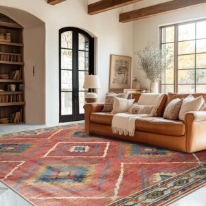 BESTSWEETIE 5x7 Area Rugs, Washable 5x7 Rugs, Non Slip Floor Carpet, Low Pile Water Repellent,Ultra Soft Moroccan Rugs for Living Room Indoor-Red/Orange