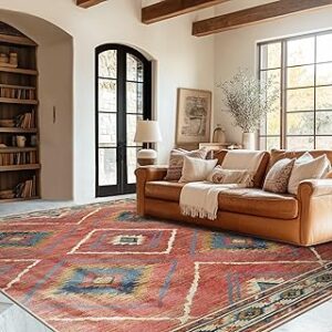 BESTSWEETIE 5x7 Area Rugs, Washable 5x7 Rugs, Non Slip Floor Carpet, Low Pile Water Repellent,Ultra Soft Moroccan Rugs for Living Room Indoor-Red/Orange