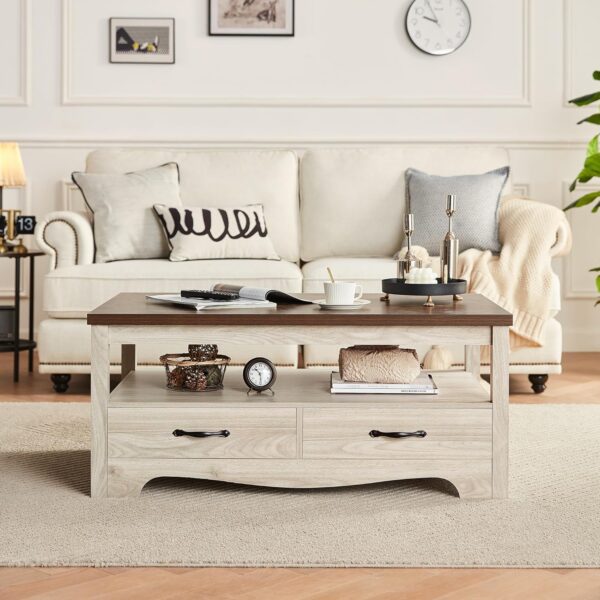 LINSY HOME Farmhouse Coffee Table with Storage, Wood Coffee Table for Living Room, Open Display Area and Storage Drawers with Metal Handles, Chic Style with Curved Base. Oak and Brown - Image 7