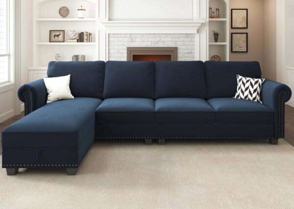Nolany Velvet Sectional Sofa, L Shaped Sectional Couch with Reversible Chaise Convertible 4 Seater Sofa Couch for Small Space Living Room, Dark Blue