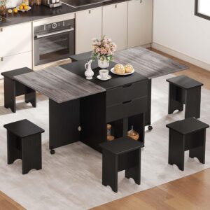 DWVO 7 Pieces Folding Extendable Dining Table Set with 6 Chairs for 6 Peoples 66.9 Inch Drop Leaf Wood Kitchen Dining Room Table Set with 2 Storage Drawers & Wheel for Small Space Saving, Grey Oak