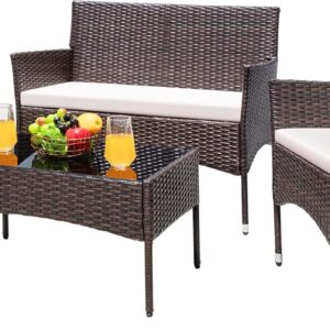 Greesum Patio Furniture 4 Pieces Conversation Sets Outdoor Wicker Rattan Chairs Garden Backyard Balcony Porch Poolside loveseat with Cushion and Glass Table, Brown and Beige