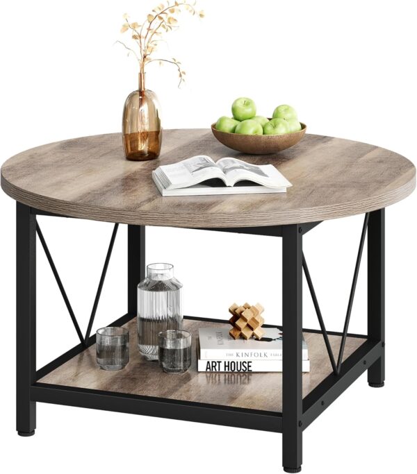 DWVO Round Coffee Table, Coffee Tables for Living Room, Small Coffee Table, 2 Tier Circle Table with Open Storage Shelf, Rustic Wood Coffee Table with Metal Frame, Easy Assembly, Grey Wash - Image 6