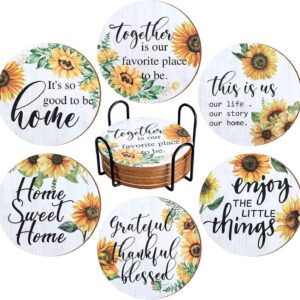 Chengu 6 Pieces Vintage Sunflower Drink Coasters with Holder Absorbent Coaster Sunflower Wood Drink Coasters Thank You Gifts for Christmas Farmhouse Drinks Coasters for Home Office Decoration(White)