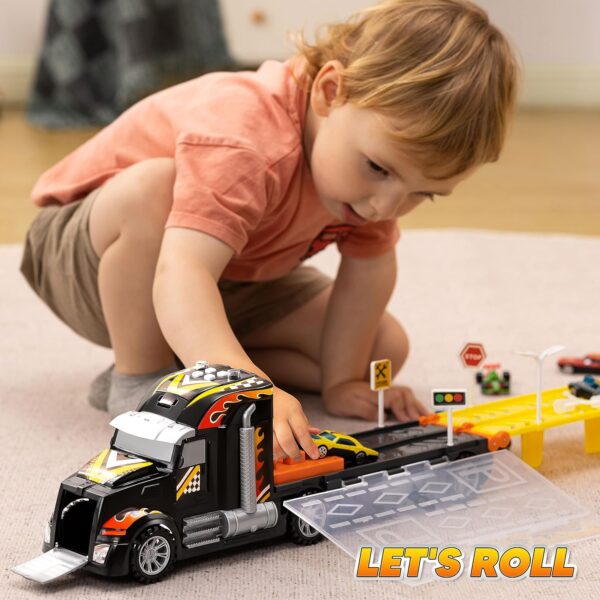 JOYIN Toy Truck for Kids,5-FT Race Track and 12 Die-Cast Metal Toy Cars, Racing Car with Lights & Sounds, Carrier Truck Toy Gift for 2 3 4 5 Years Old Boys and Girls - Image 5