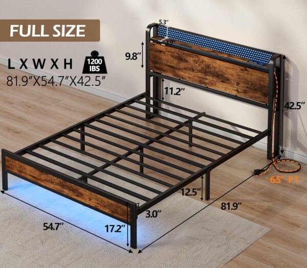 Furnulem Full Bed Frame with LED Lights,Industrial Storage Headboard with Charging Station,USB Port,Under Bed Storage,Wood Platform with Strong Metal Support,No Box Spring Needed, Silent - Image 2