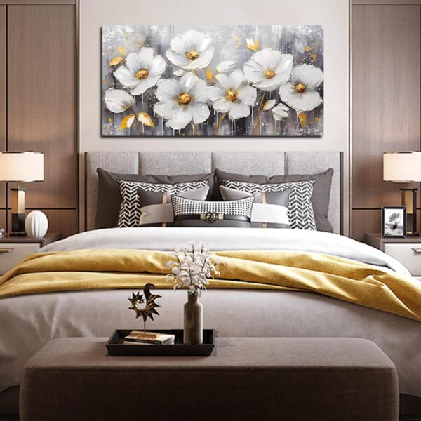 CIRABKY Flower Wall Art for Bedroom - White Wall Decor - Gold Wall Art for Living Room Office Artwork Canvas Pictures Size 20" x 40" - Image 3