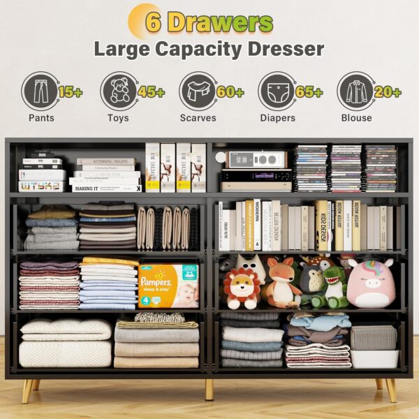 EnHomee Wood Dresser for Bedroom with LED Lights, 47.3" W Black Dresser & Chests of Drawers, 6 Drawer Dresser TV Stand, Modern Dresser with Large Organizer for Bedroom, Living Room, Hallway, Black - Image 4