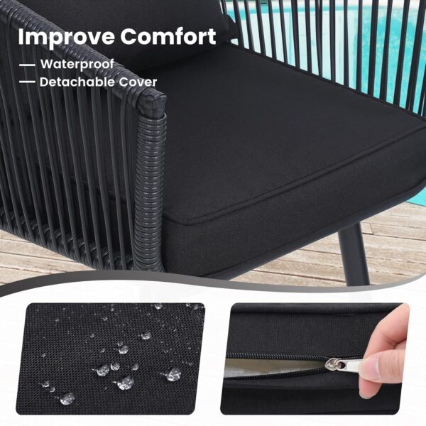Kromax 3 Pieces Patio Rattan Bistro Conversation Set, Outdoor All-Weather Wicker Furniture Chairs and Side Table Set Ideal for Balcony, Porch and Backyard, Black - Image 5