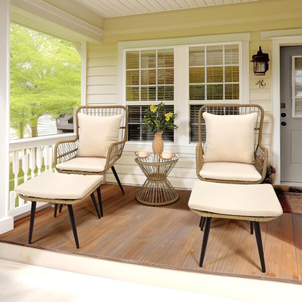 Pamapic Outdoor Patio Bistro Set with Ottoman 5 Piece Rattan Wicker Conversation Chair Sets Balcony Furniture Chairs for Yard Garden Porch Backyard Poolside, Beige - Image 2
