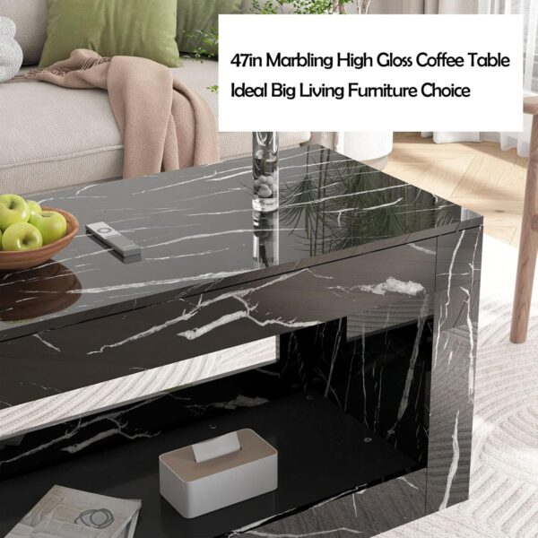 47.3IN Modern LED Coffee Table, Black/White Coffee Table for Living Room,High Gloss Coffee Table with APP Control, Large Coffee Table with Marbling Print(Black) - Image 4