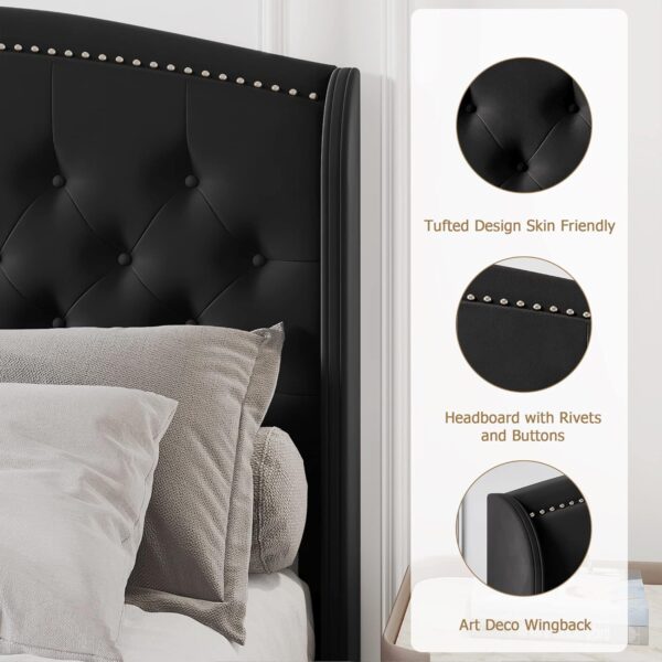 Homhougo Full Size Bed Frame, Upholstered Platform Bed with Wingback Headboard and Button Tufted Design, Wood Slat Support, Easy Assembly, No Box Spring Needed, Black - Image 4