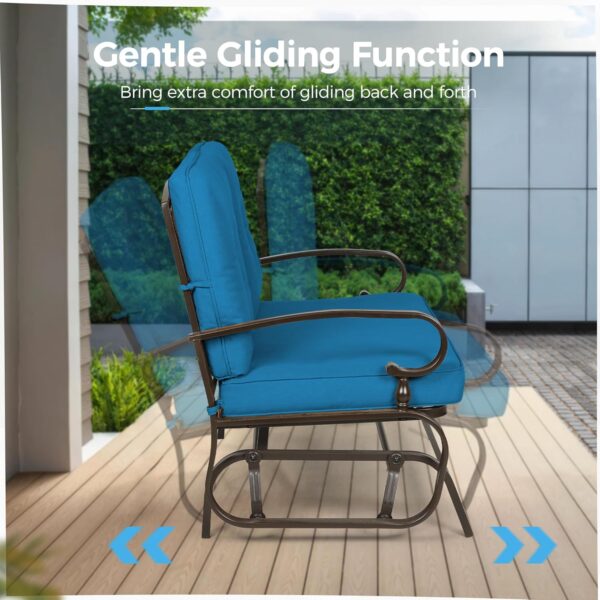 Crownland Outdoor Patio Glider Chair Porch Furniture Loveseat Seating, Wrought Iron Patio Glider for Outside with Cushion (Peacock Blue) - Image 5