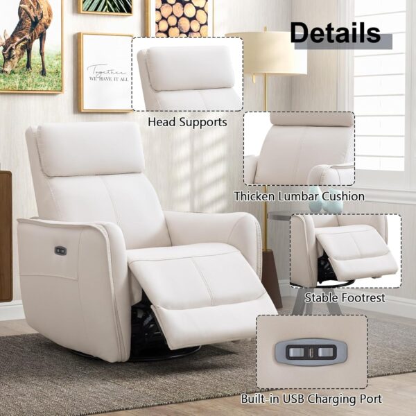 ANJ Swivel Recliner Chair, Glider Rocker Recliner for Nursery, Power Rocker Recliner Chair with USB Port, Upholstered Leathaire Electric Rocking Chair for Living Room, Bedroom, Beige - Image 6
