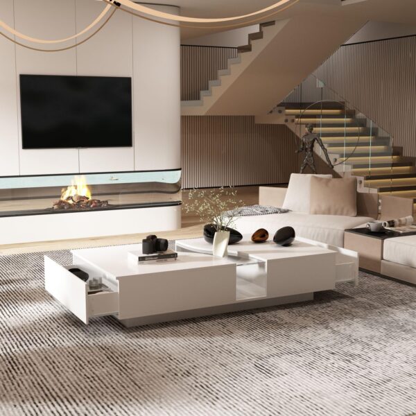 MOUMON Modern Coffee Table with Lights & Glass Tabletop, Living Room Coffee Table with 2 Drawers, Central Table with Storage, White (55.1”W x 31.5”D x 11.8”H) - Image 3