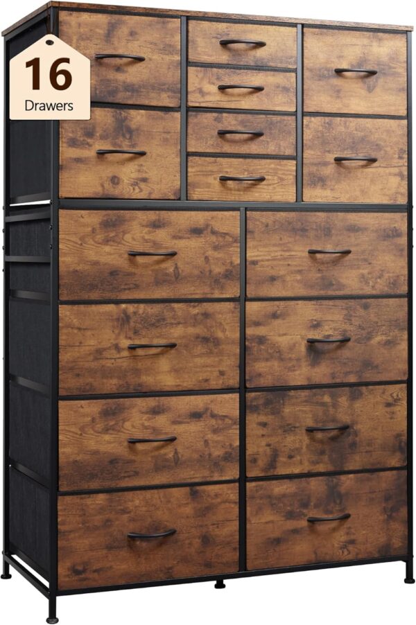 WLIVE Tall Dresser for Bedroom, Fabric Dresser Storage Tower with 16 Drawers, Chest of Drawers Organizer Unit, Storage Cabinet, Hallway, Closets, Steel Frame, Rustic Brown Wood Grain Print