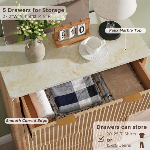 T4TREAM Fluted 5 Drawers Dresser, 48" Tall Modern Chest of Drawers with Faux Marble Top, Curved Profile Design, Wood Drawer Organizer for Bedroom, Living Room, Hallway, Entryway, Natural Oak - Image 4