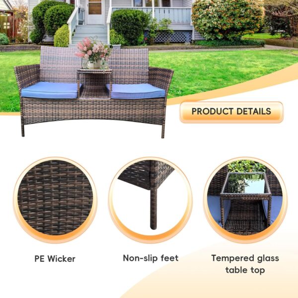 Wicker Patio Loveseat Balcony Furniture 2-Seat Chair with Coffee Table All Weather Ourdoor Sofa Couch for Backyard, Lawn,Garden,Swimming Pool - Image 5