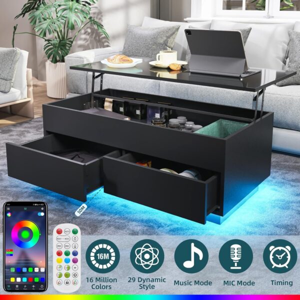 HOMMPA Lift Top Coffee Table with LED Light Morden Coffee Table with Storage High Gloss Black Coffee Table for Living Room Tea Table with Storage Center Tables Hidden Compartment & 2 Drawers - Image 5