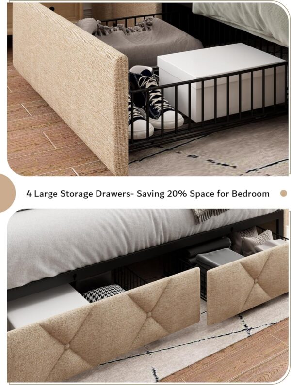 iPormis Queen Bed Frame with 4 Storage Drawers, Upholstered Platform Bed Frame with Charging Station, Modern Wingback Storage Headboard, Easy Assembly, Beige - Image 5