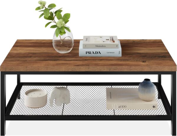 Best Choice Products 44in Modern Coffee Table, Large 2-Tier Industrial Rectangular Wood Grain Top Coffee Table, Accent Furniture for Living Room w/Mesh Shelf, Metal Frame - Gray