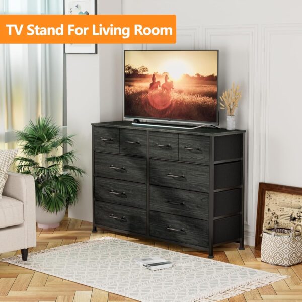 Furnulem 10 Drawer Dresser for Bedroom, Chest of Drawer for 55'' Long TV Stand Entertainment Center, Storage Organizer for Closet, Living Room, Entryway, Fabric Bins, Wood Top, Metal Frame(Black Oak) - Image 6