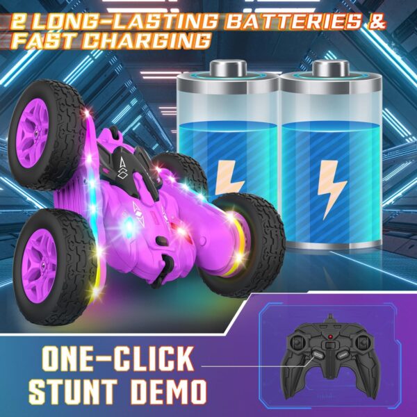 Remote Control Car, Rc Cars Stunt RC Car Toys New Upgraded Strip Lights and Headlights Car Toys Double-Sided 360° Rotating 4WD Rc Drift Truck for Boys Girls Birthday Gift (Purple) - Image 5