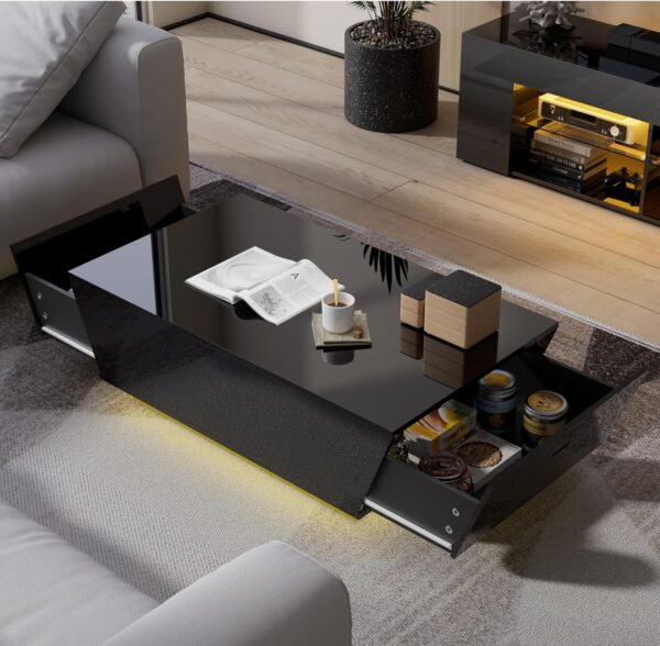 Cozy Castle 41" Black Modern Coffee Table with 12-Color LED Lights,High Gloss Contemporary Center Table with 2 Storage Drawers for Living Room,Dining Room,Office - Image 4
