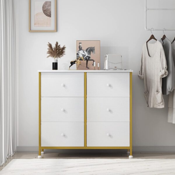 BOLUO White Dresser for Bedroom 6 Drawer Small Dresser Organizers Fabric Storage Chest Tower Dressers Unit for Closet Nursery Hallway Office, Kids and Adult Modern Gold - Image 2