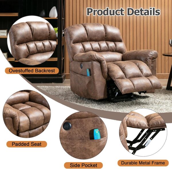 Phoenix Home Large Power Lift Recliner with Massage and Heat for Elderly, Heavy Duty & Safety Motor Reclining Chair, Faux Leather Electric Wider Recliner with USB Ports, 2 Side Pockets, Brown - Image 6
