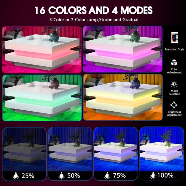 LED Coffee Table for Living Room, 2-Tier Square Center Table, High Gloss Coffee Table with 7-Color Plug-in LED Light, Cocktail Table for Party Home Office Reception, Remote Control, White - Image 4