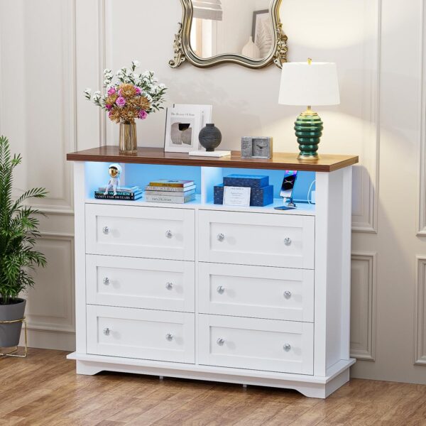 HAIOOU 6 Drawer Dresser for Bedroom White with Power Outlets, LED Double Dressers, Chest of Drawers 47 inch Modern Wooden Storage Organizer with 2 Shelves, Cabinet for Living Room,Hallway - Image 5