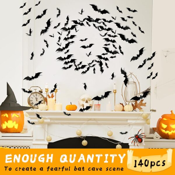 Halloween Party Supplies Hallween Decorations Bats Wall Decor 140PCS Realistic PVC 3D Black Scary Bat Sticker for Creepy Home Decor Halloween Party Decorations DIY Wall Decal Bathroom Indoor Halloween - Image 3