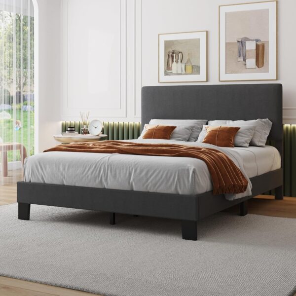 Lifezone Queen Bed Frame with Headboard,Linen Upholstered Bed Frame with Wood Slats Support,No Box Spring Needed,Heavy Duty Feet,Easy Assembly,Dark Grey - Image 3