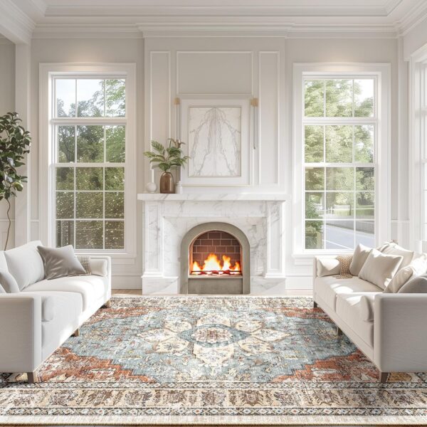 BESTSWEETIE Area Rug 8x10 Rugs for Living Room 8 x 10 Washable Rugs Non Slip Vintage Boho Living Room Rugs for Bedroom Dining Room, Distressed Floral Pattern Carpet, Green Brick Rust Red - Image 2
