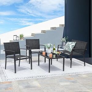 Greesum 4 Pieces Patio Furniture Set, Outdoor Conversation Sets for Patio, Lawn, Garden, Poolside with A Glass Coffee Table, Black