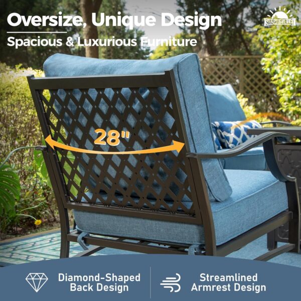 7 Piece Metal Outdoor Patio Furniture Sets, Patio Conversation Sets 1 3-seater Sofa, 2 Fixed Chair, 2 Rocking Chair, 2 Ottomans with 5.75" Thick Cushion, Black Backyard Furniture, Navy - Image 4