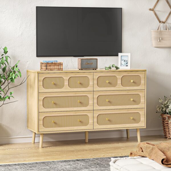 Rattan Dresser for Bedroom, Modern 6 Drawer Double Dresser with Gold Handles, Natural Wood Storage Dressers & Chests of Drawers, 6 Drawer Dressers - Image 4
