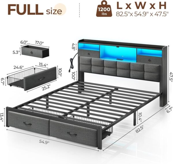 Rolanstar Bed Frame Full Size with Drawers and Charging Station, Upholstered Platform Bed with Storage Headboard and LED Light, Heavy Duty Metal Frame Support, No Box Spring Needed, Noise Free, Grey - Image 3